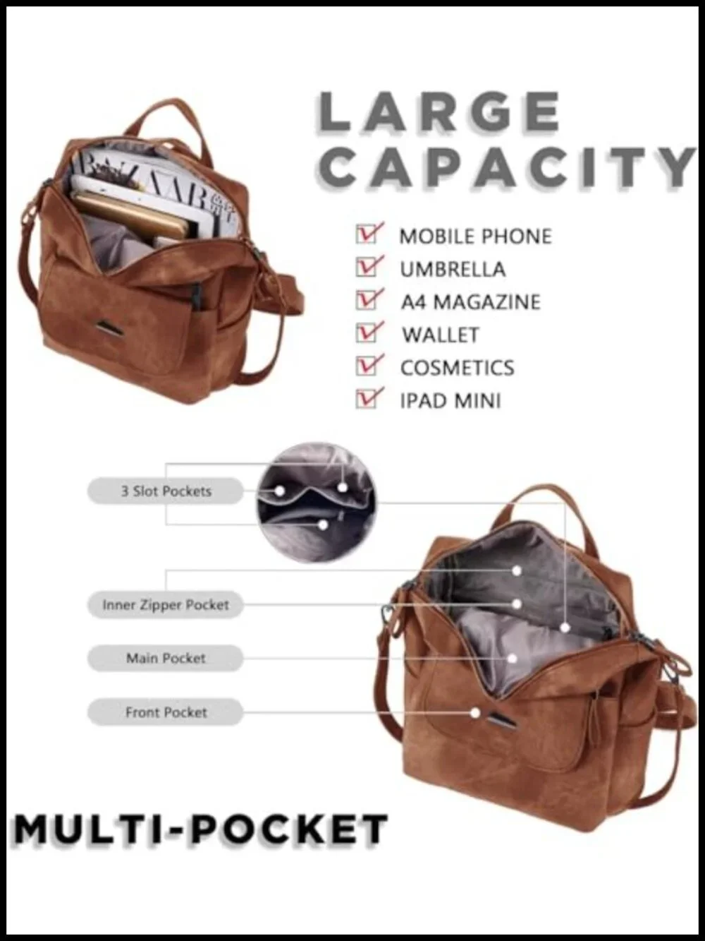 Faux Leather Fashion Backpack Purse for Women - Multi Pocket Travel Shoulder Bag
